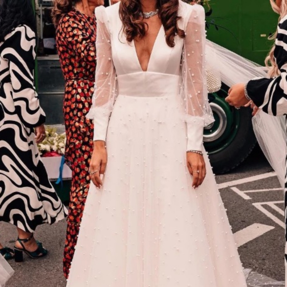 Elegant White Wedding Dress with Sheer Sleeves